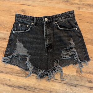 Zara Size 4 Black Jean Shorts Distressed Frayed Hem